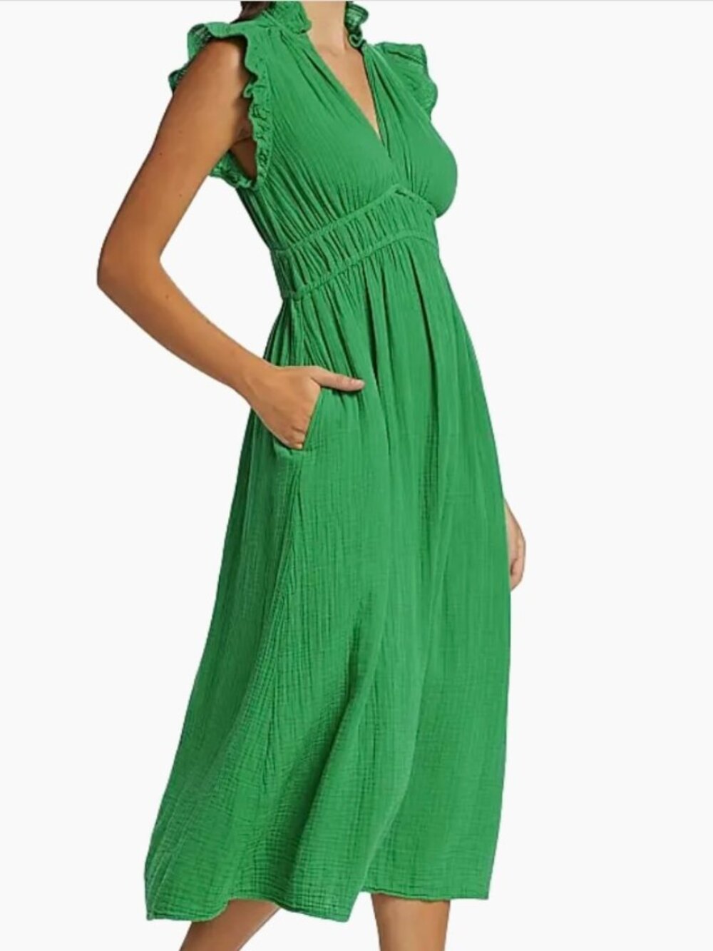XiRENA Emerald Green Midi Dress with V-Neck and Flutter Sleeves size S